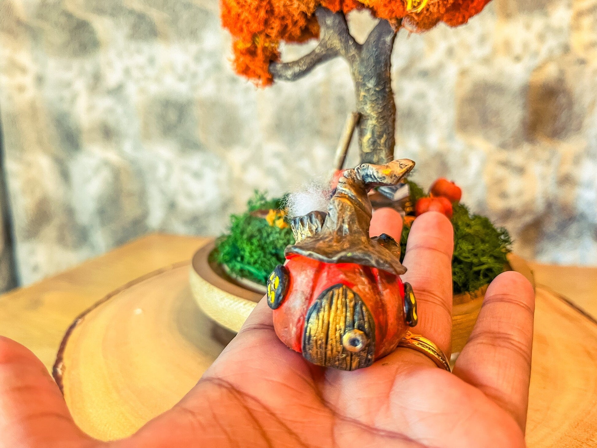 Autumn Fairy Tree Terrarium with Pumpkins – Handmade Fall Dome Decor with Preserved Moss – Woodland Cottagecore Glass Cloche Display mossartbyrishstudio