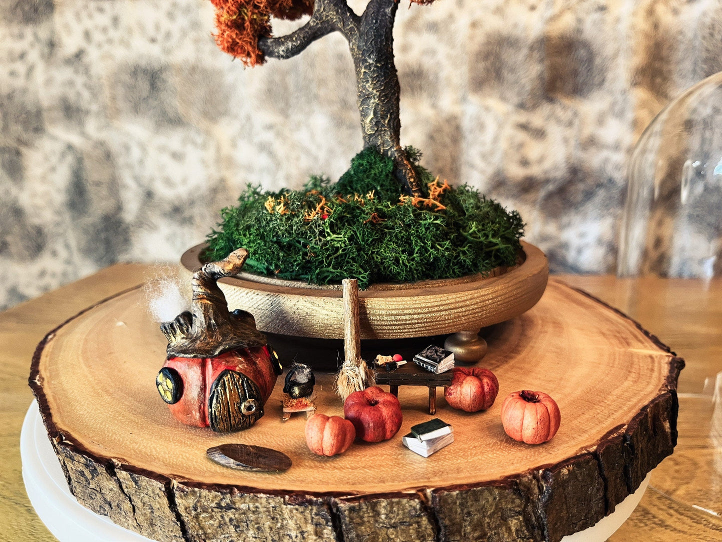 Autumn Fairy Tree Terrarium with Pumpkins – Handmade Fall Dome Decor with Preserved Moss – Woodland Cottagecore Glass Cloche Display mossartbyrishstudio
