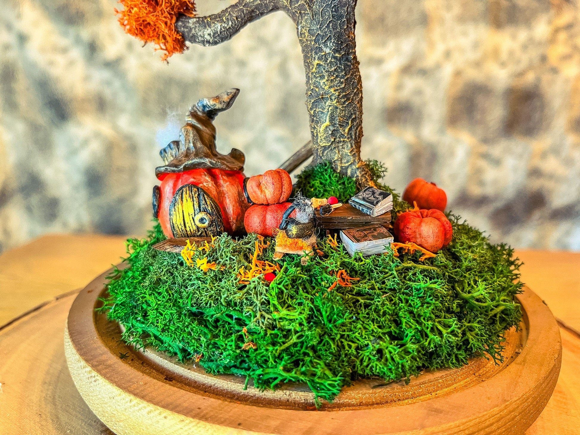 Autumn Fairy Tree Terrarium with Pumpkins – Handmade Fall Dome Decor with Preserved Moss – Woodland Cottagecore Glass Cloche Display mossartbyrishstudio