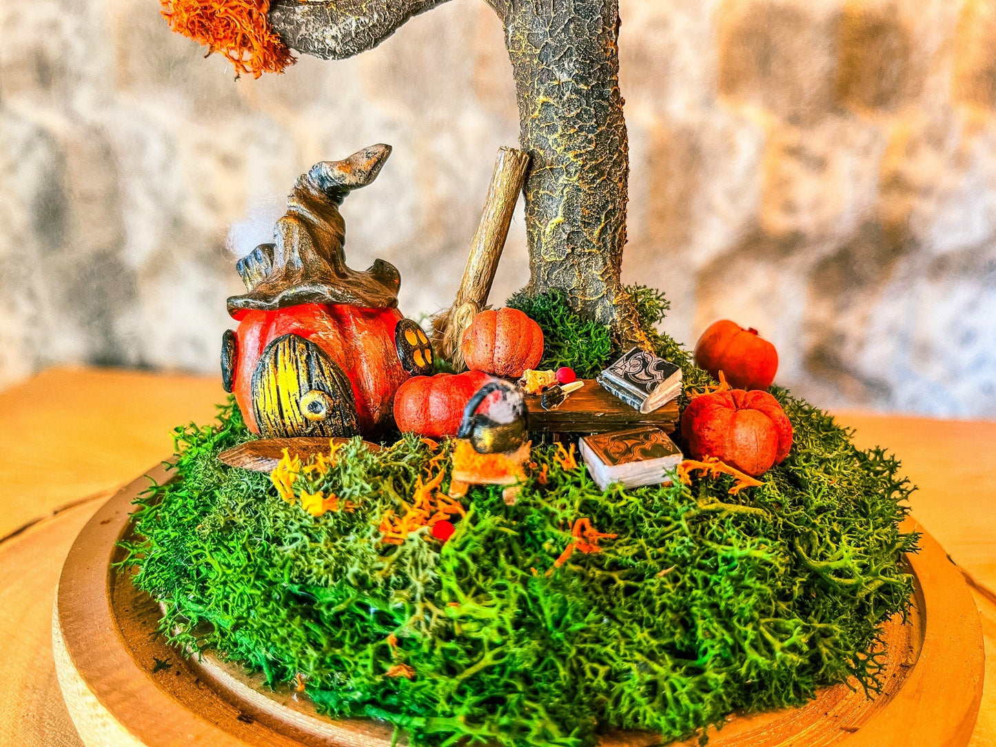 Autumn Fairy Tree Terrarium with Pumpkins – Handmade Fall Dome Decor with Preserved Moss – Woodland Cottagecore Glass Cloche Display mossartbyrishstudio
