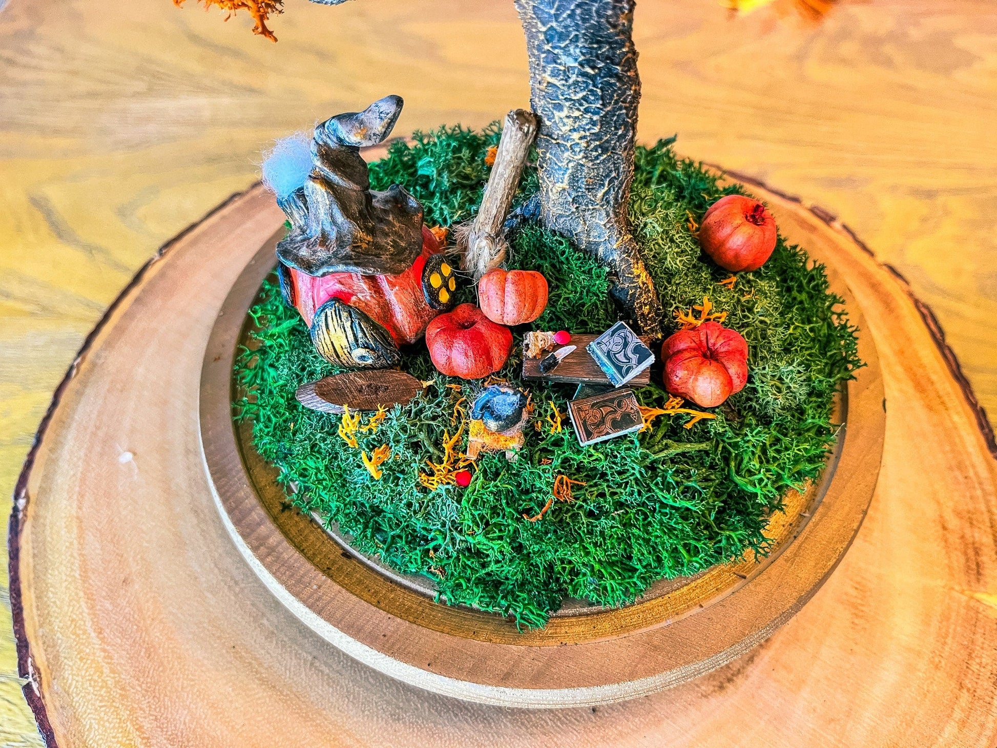 Autumn Fairy Tree Terrarium with Pumpkins – Handmade Fall Dome Decor with Preserved Moss – Woodland Cottagecore Glass Cloche Display mossartbyrishstudio