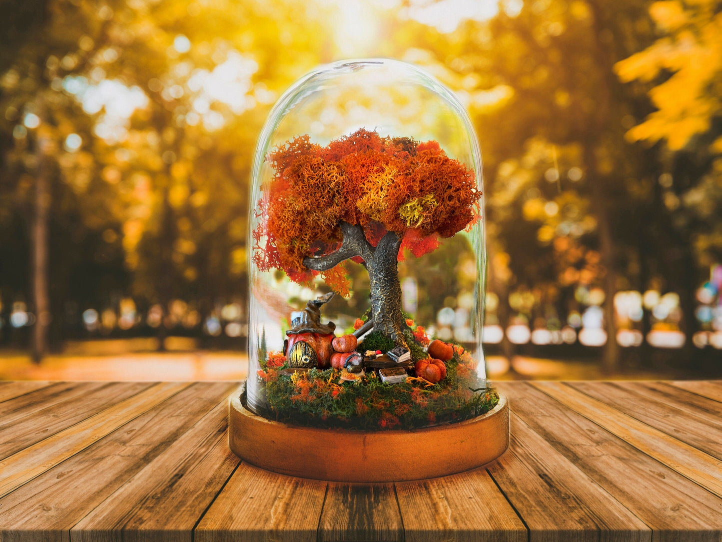 Autumn Fairy Tree Terrarium with Pumpkins – Handmade Fall Dome Decor with Preserved Moss – Woodland Cottagecore Glass Cloche Display mossartbyrishstudio