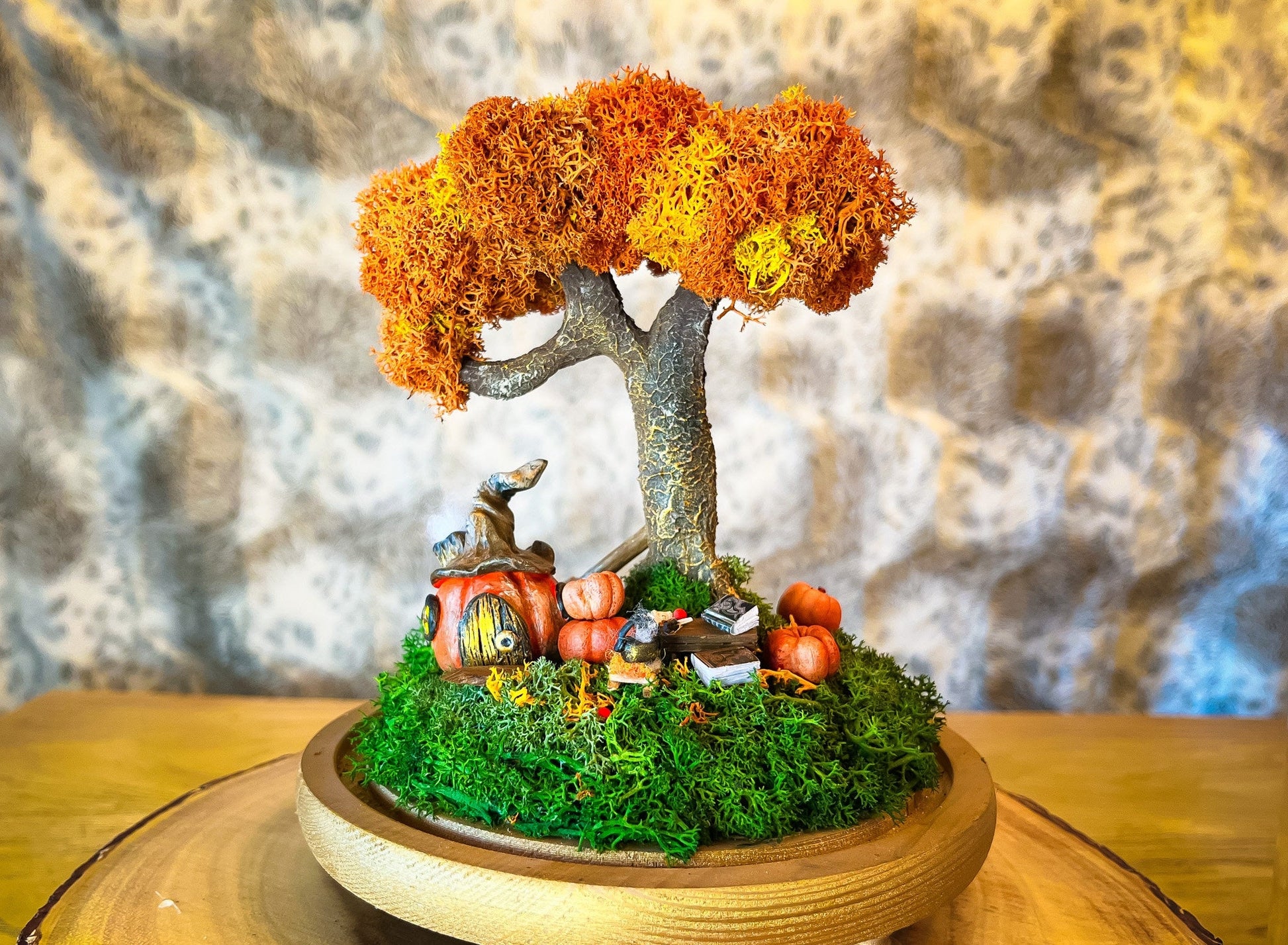 Autumn Fairy Tree Terrarium with Pumpkins – Handmade Fall Dome Decor with Preserved Moss – Woodland Cottagecore Glass Cloche Display mossartbyrishstudio