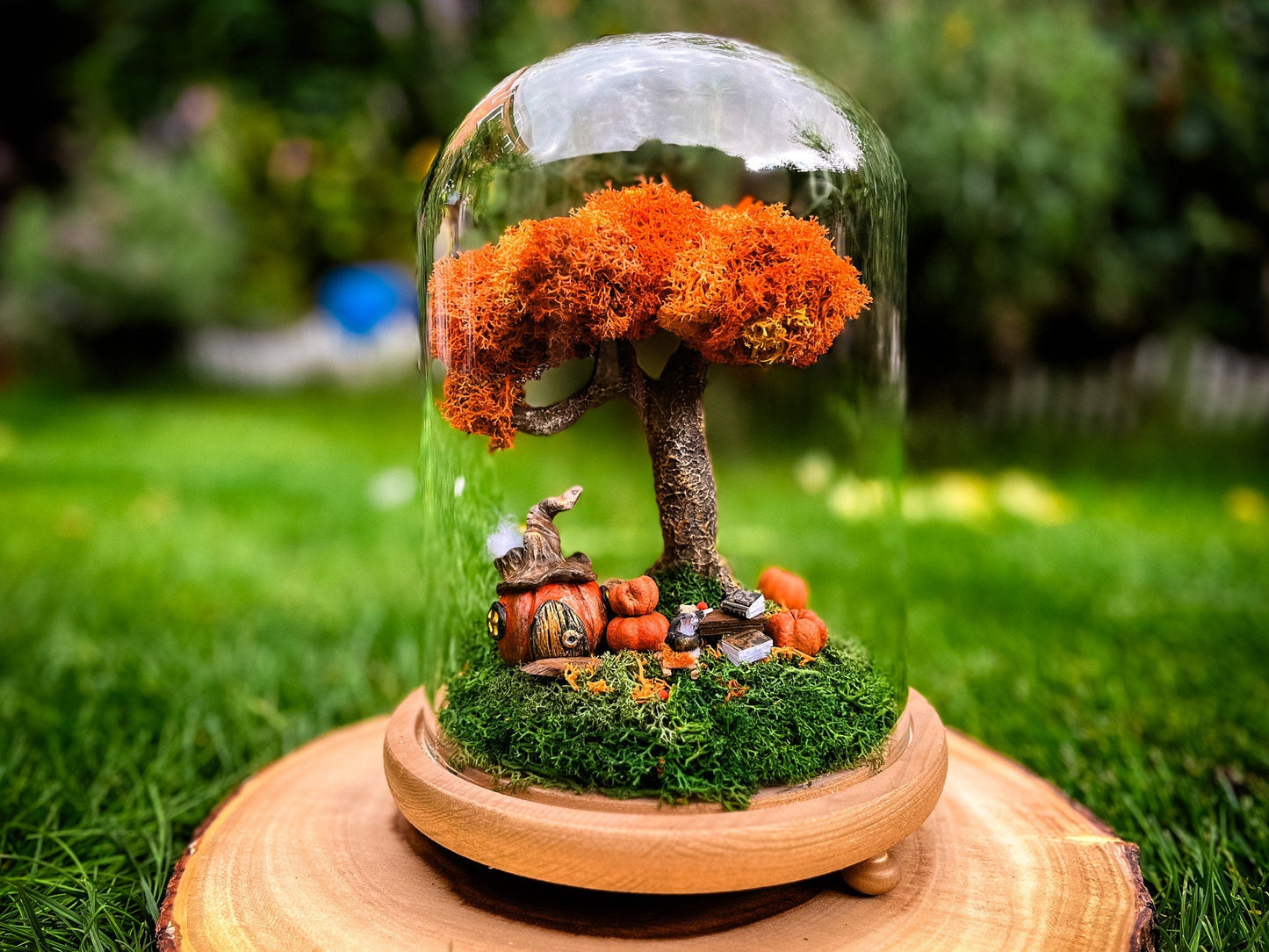 Autumn Fairy Tree Terrarium with Pumpkins – Handmade Fall Dome Decor with Preserved Moss – Woodland Cottagecore Glass Cloche Display mossartbyrishstudio