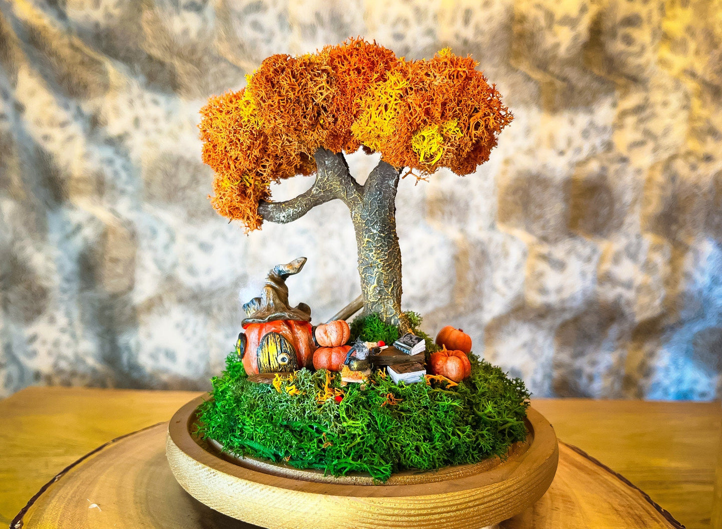 Autumn Fairy Tree Terrarium with Pumpkins – Handmade Fall Dome Decor with Preserved Moss – Woodland Cottagecore Glass Cloche Display mossartbyrishstudio