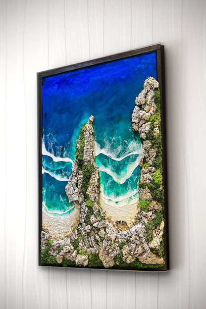 Ocean Art, Moss wall art with resin, Coastal wall art, Beach Decor, Nautical, Resin Ocean wave art, Moss frame, Large seascape painting, Sea mossartbyrishstudio