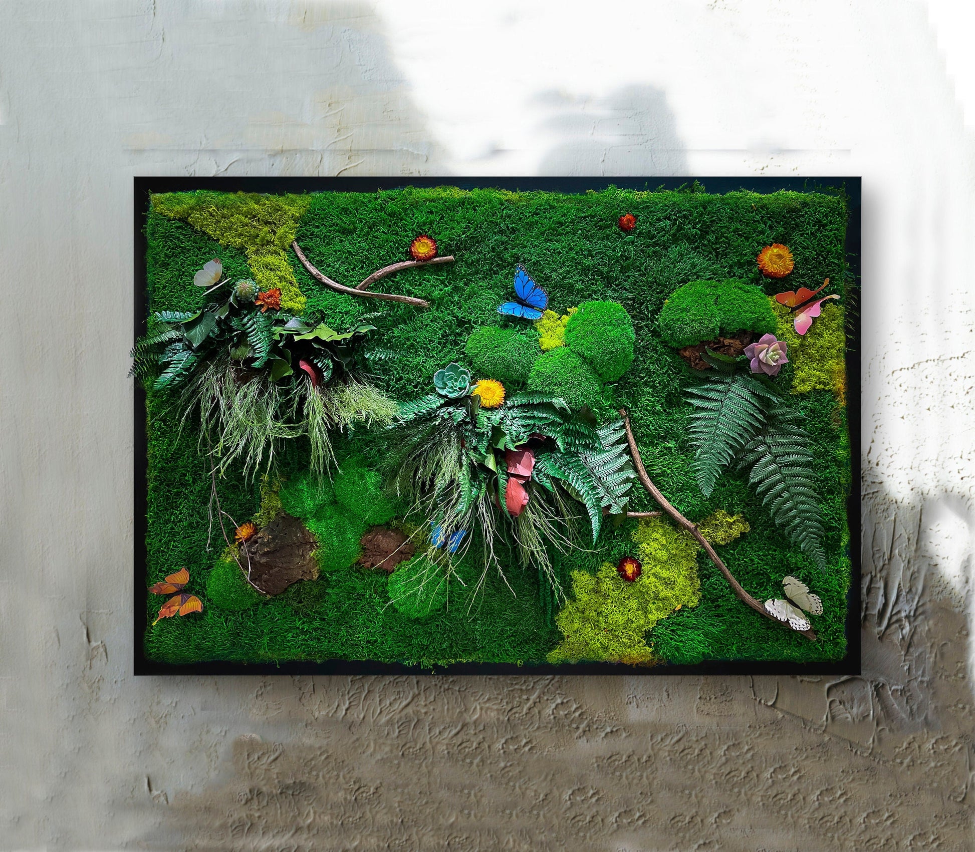 Custom Moss Wall Art – Lush Greenery with Butterfly Accents for Home Décor RishStudio