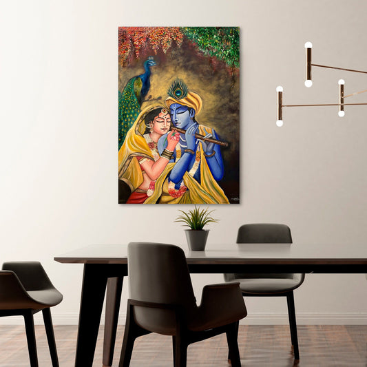 Radha Krishna Painting, Lord Krishna Playing Flute, Original Canvas Art, Hindu Spiritual Wall Decor, Indian Artwork for Home, Ready to Hang, mossartbyrishstudio