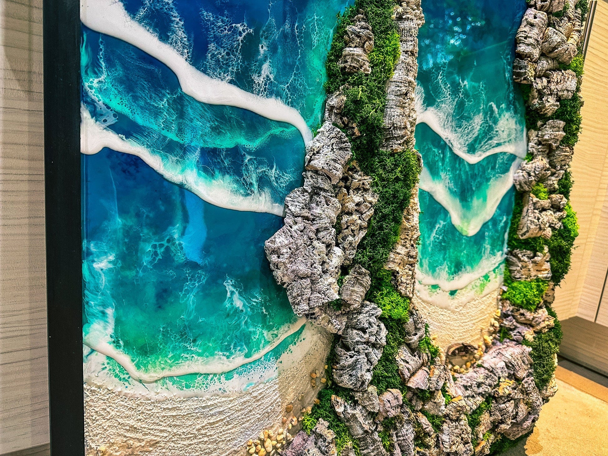 Custom Ocean Wave Art | Moss Wall & Resin Seaside Painting for Beach House Decor mossartbyrishstudio