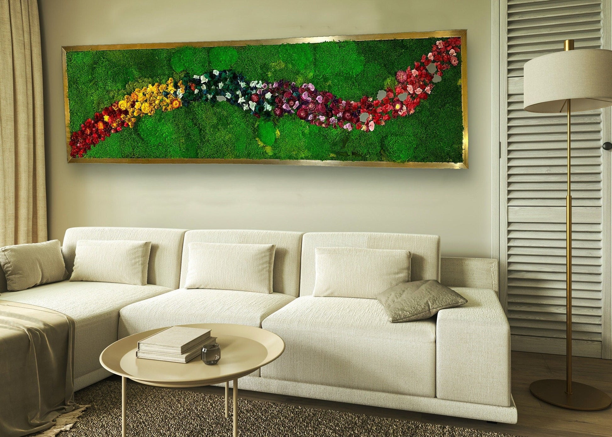 Rainbow Moss wall art with bun moss, colourful lichen and dried flowers mossartbyrishstudio