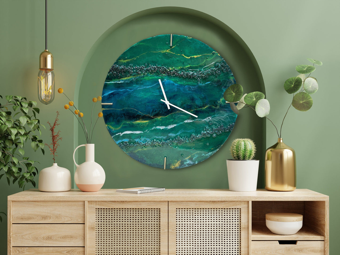 Handmade Ocean Resin Wall Clock – Abstract Art Timepiece with Blue & Green Waves, Coastal Home Décor, Unique Gift for Ocean Lovers mossartbyrishstudio