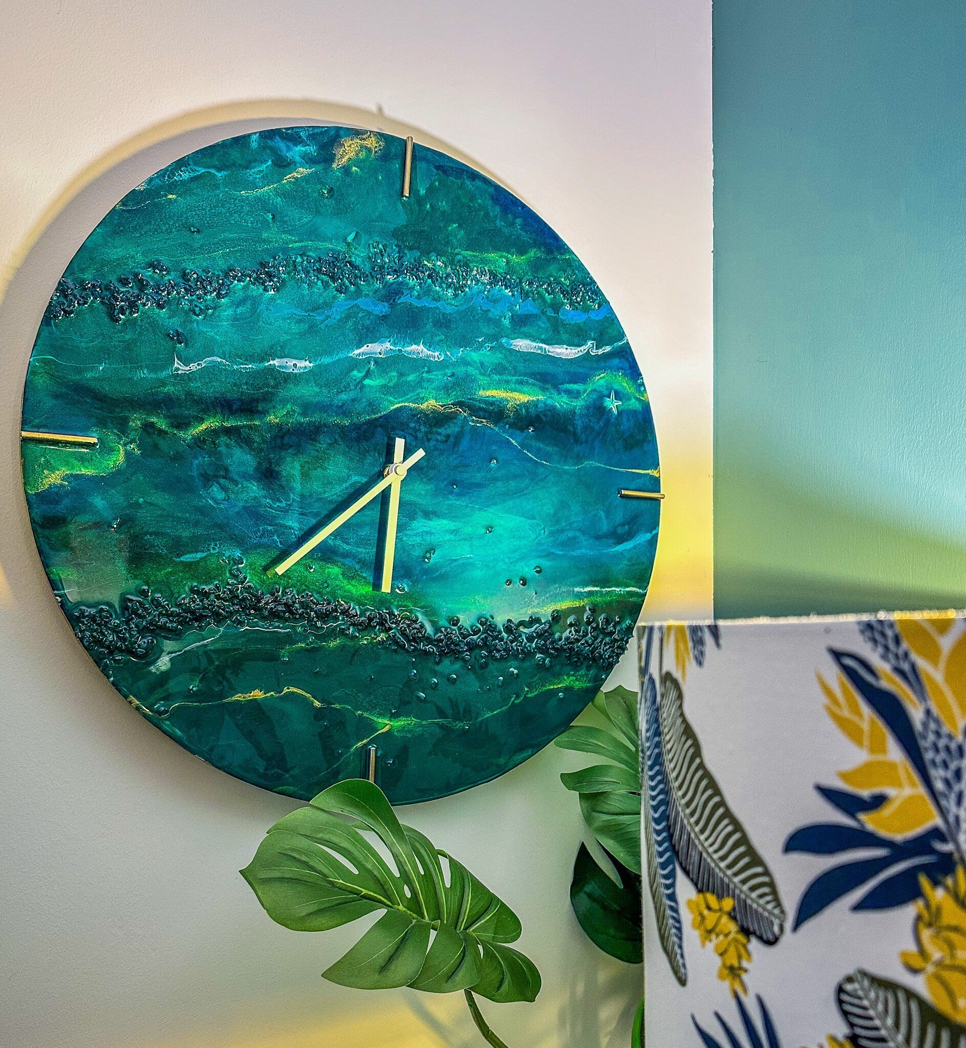 Handmade Ocean Resin Wall Clock – Abstract Art Timepiece with Blue & Green Waves, Coastal Home Décor, Unique Gift for Ocean Lovers mossartbyrishstudio