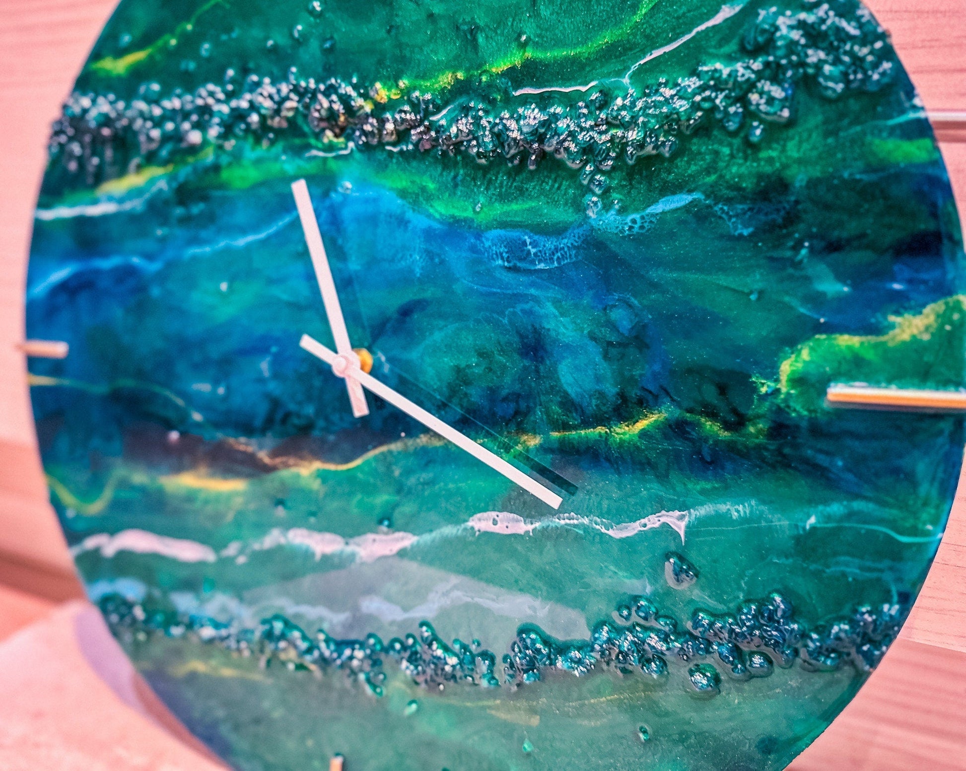 Handmade Ocean Resin Wall Clock – Abstract Art Timepiece with Blue & Green Waves, Coastal Home Décor, Unique Gift for Ocean Lovers mossartbyrishstudio
