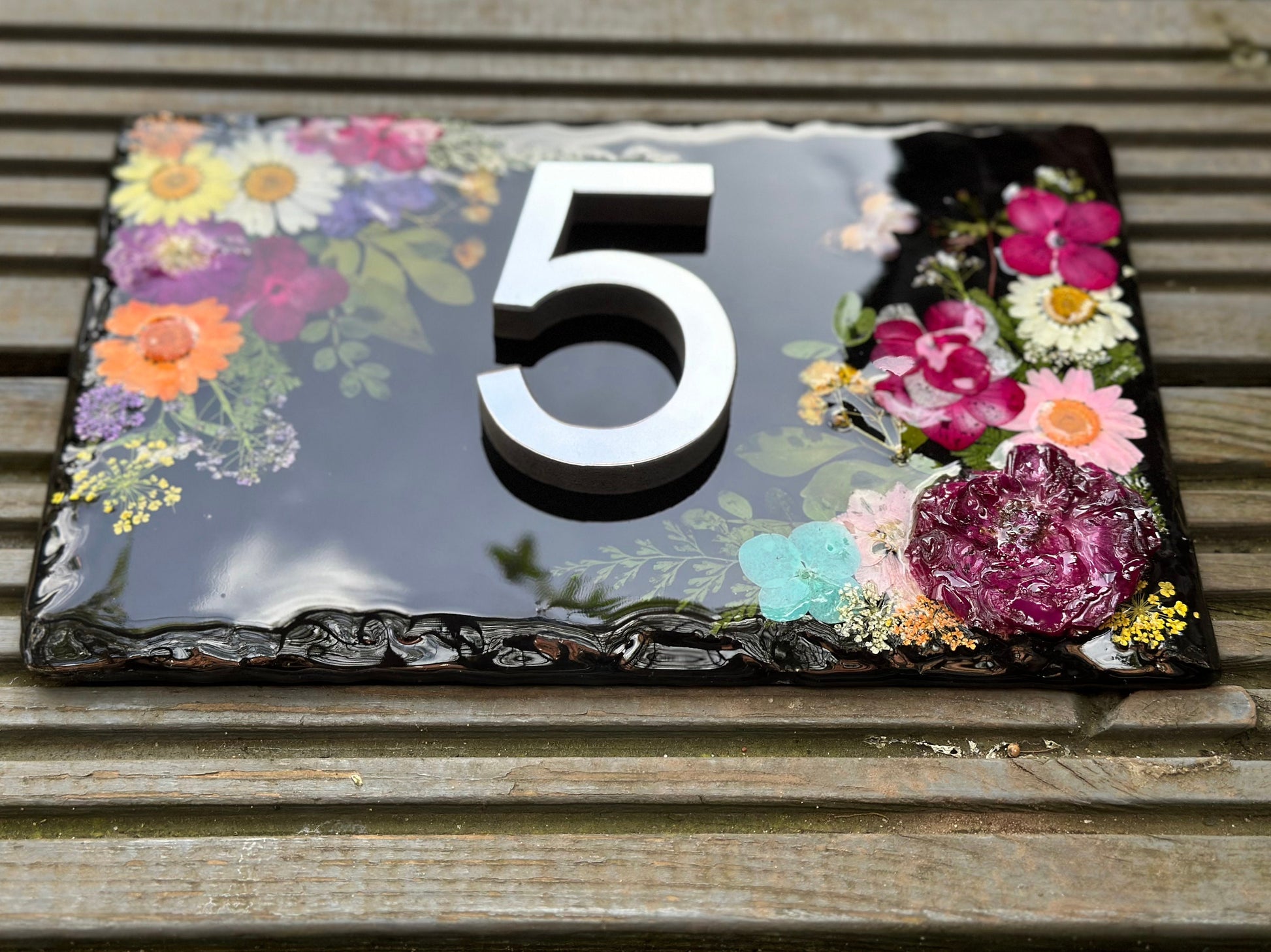 Slate House Signs, House Number Signs, Personalised Door Number, Plaques for Wall, Number Plaque, Modern House Sign, Pressed Flowers Sign, mossartbyrishstudio