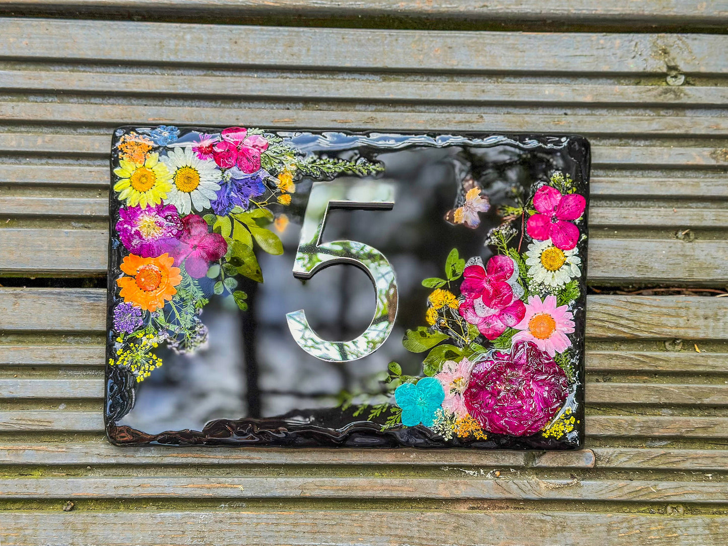 Slate House Signs, House Number Signs, Personalised Door Number, Plaques for Wall, Number Plaque, Modern House Sign, Pressed Flowers Sign, mossartbyrishstudio