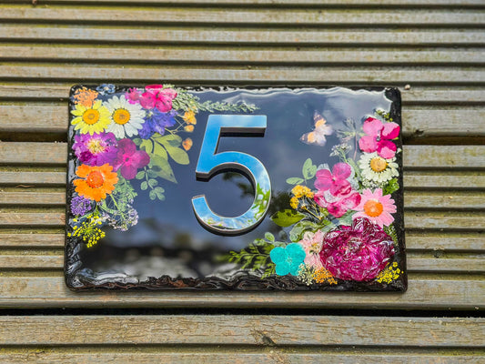Slate House Signs, House Number Signs, Personalised Door Number, Plaques for Wall, Number Plaque, Modern House Sign, Pressed Flowers Sign, mossartbyrishstudio
