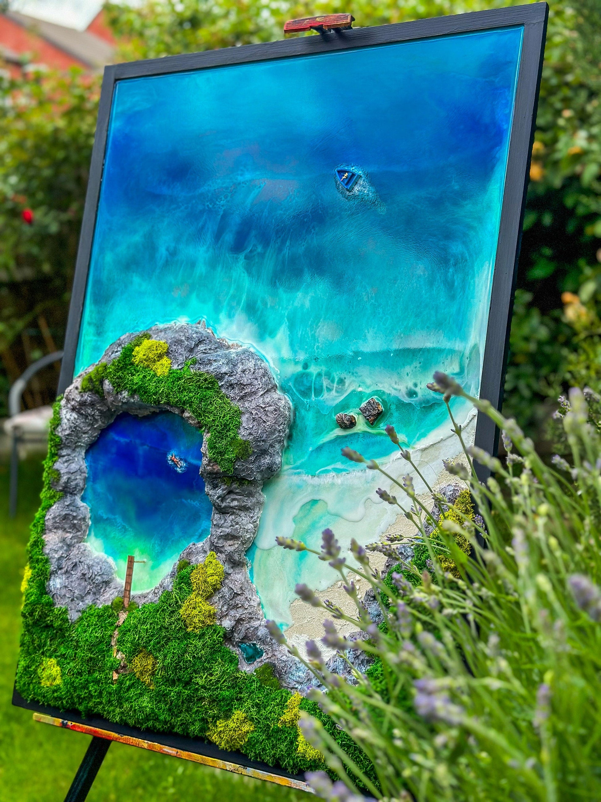 Ocean wall art with preserved moss and wood | Resin Sea Poster mossartbyrishstudio