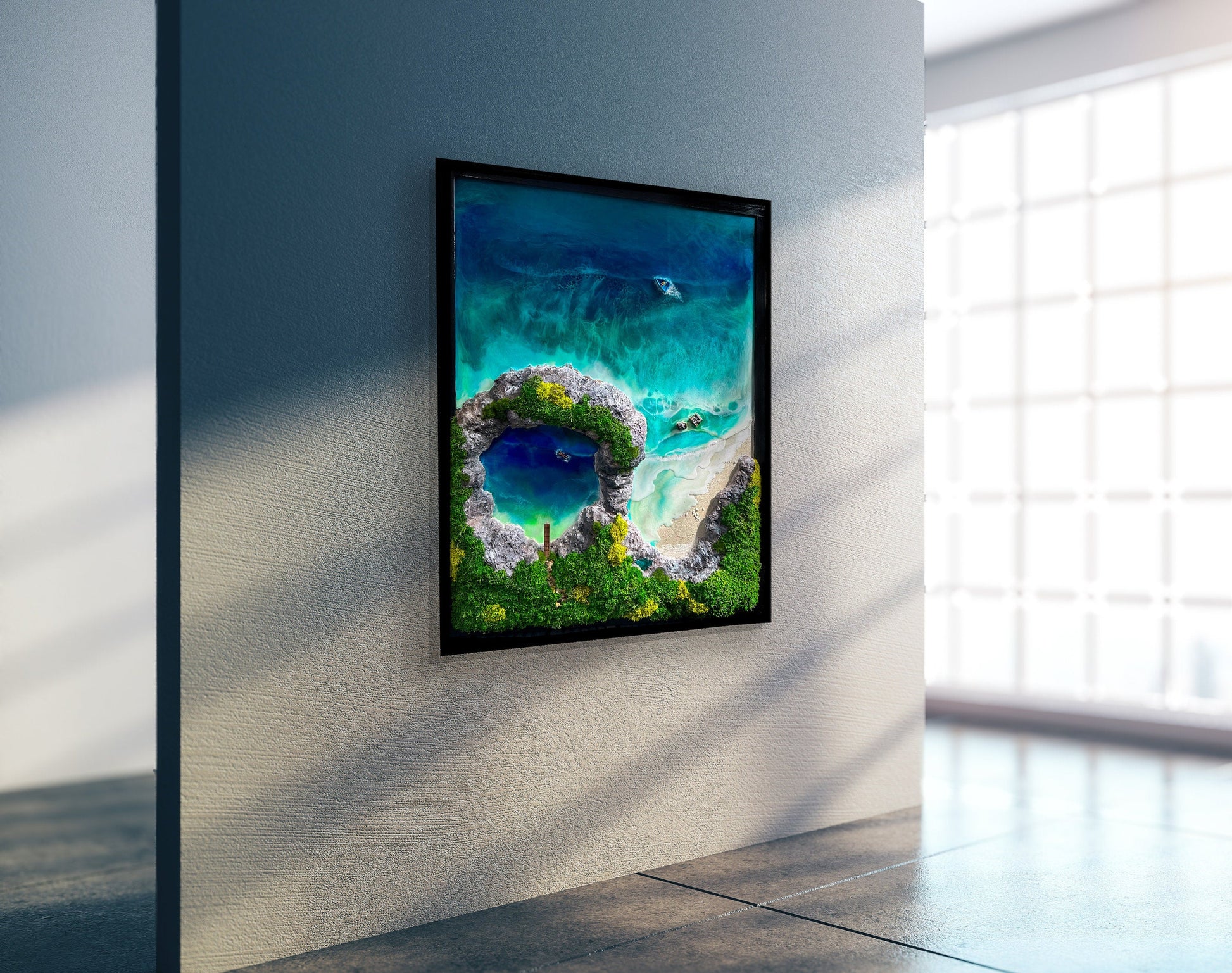 Ocean wall art with preserved moss and wood | Resin Sea Poster mossartbyrishstudio