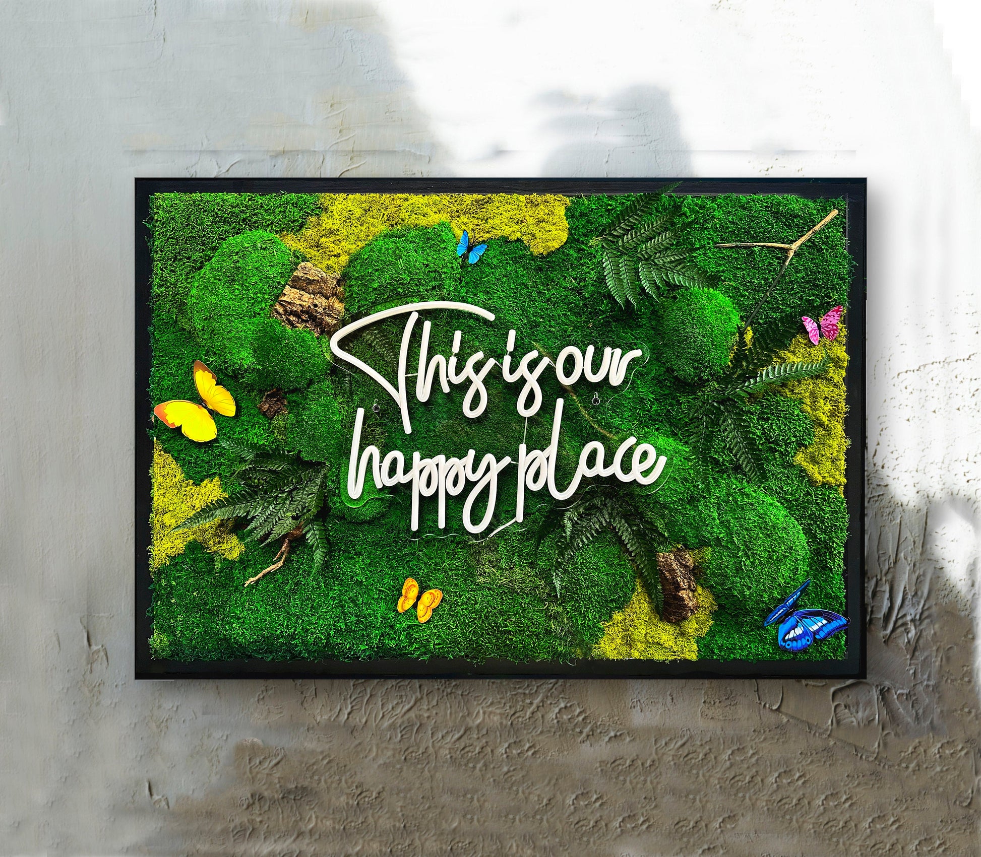 Moss wall art with Neon Lights | Living Moss Wall with Neon Sign mossartbyrishstudio
