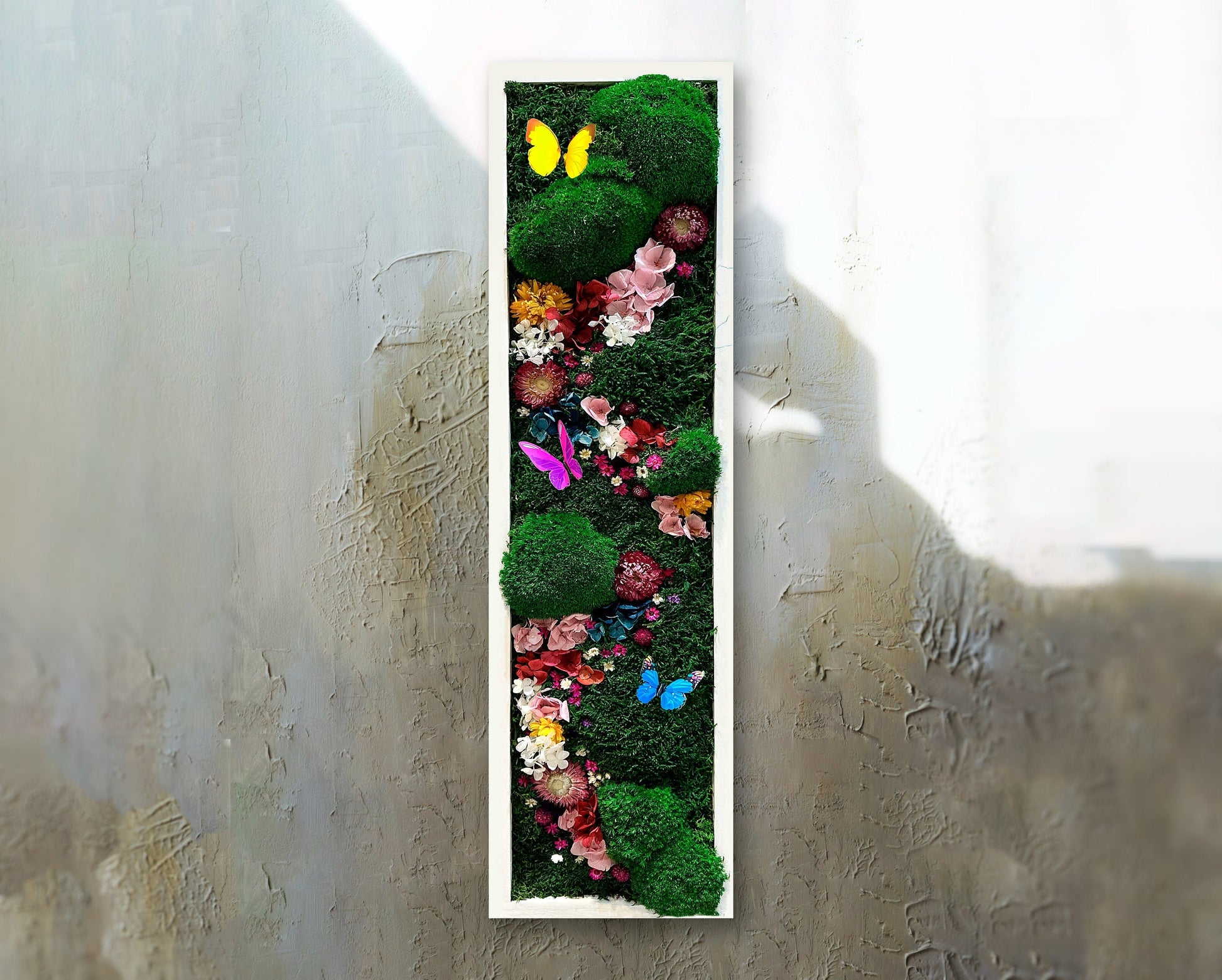 Handmade Vertical Moss Wall Art with Preserved Flowers & Butterflies – One-of-a-Kind Framed Nature Decor for Home & Office mossartbyrishstudio