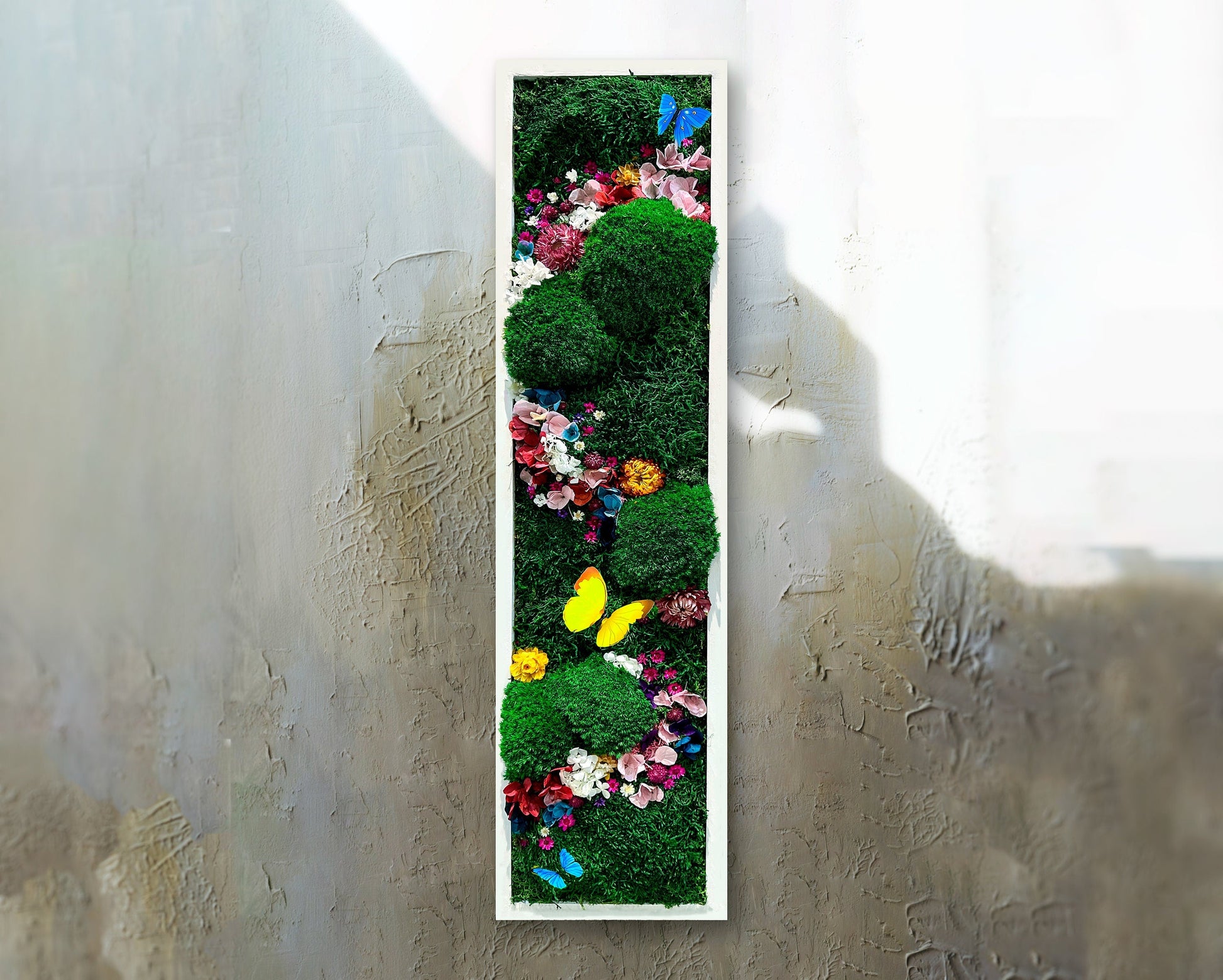 Handmade Vertical Moss Wall Art with Preserved Flowers & Butterflies – One-of-a-Kind Framed Nature Decor for Home & Office mossartbyrishstudio
