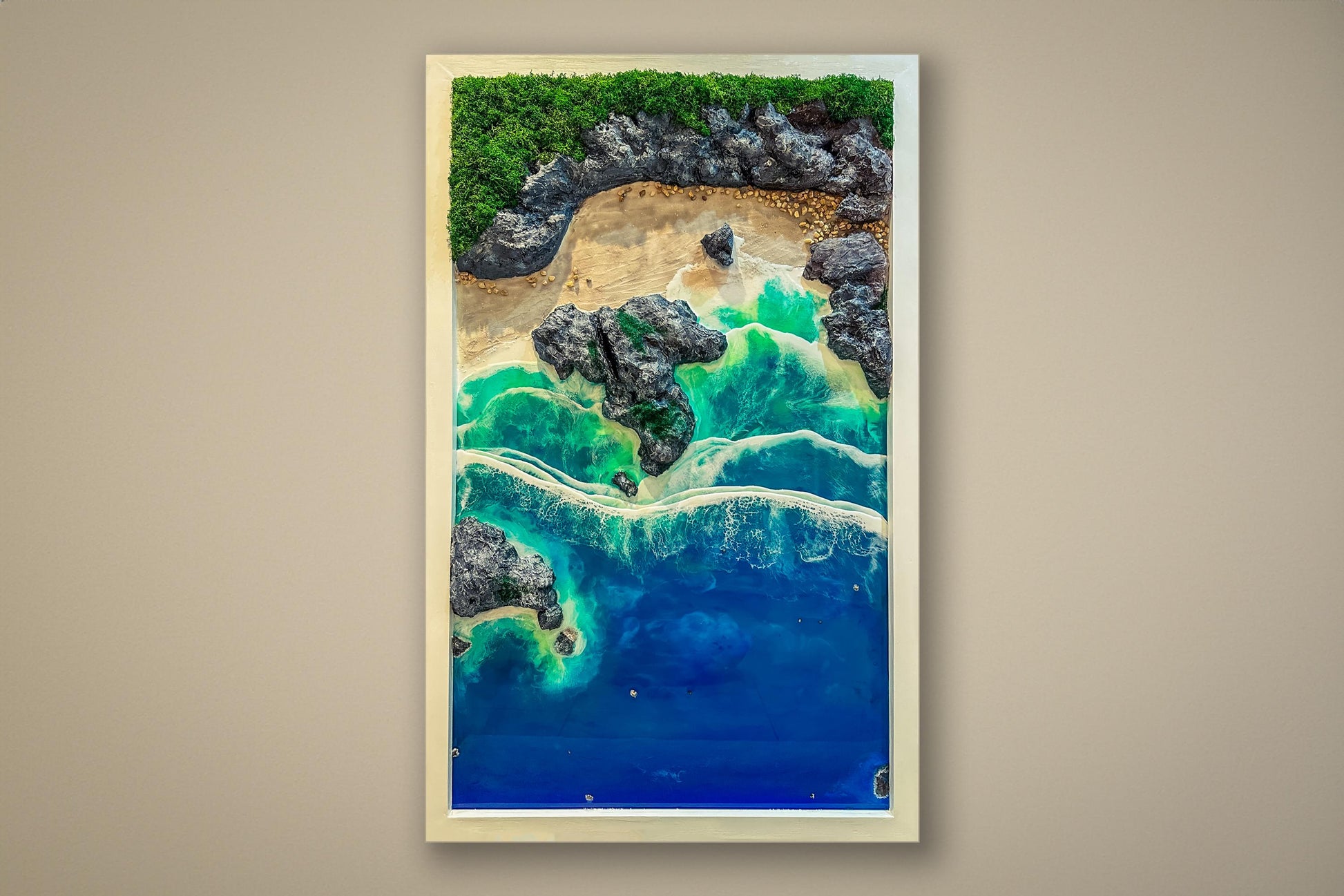 Seaside wall picture, seascape wall decor, Resin wall art, Realistic ocean wave, Nautical artwork, Moss wall art, Moss and Wood, maximalist decor, Living Room decore, Kynance Cove picture, Coastal home decor, Beach themed decor, beach art, Resin triptych wall art, handmade ocean decor UK, aerial view beach art, coastal home accents, ocean wave triptych, beach house decor, resin wall art set, 3-piece resin art, handmade wall art UK, ocean-inspired gifts.