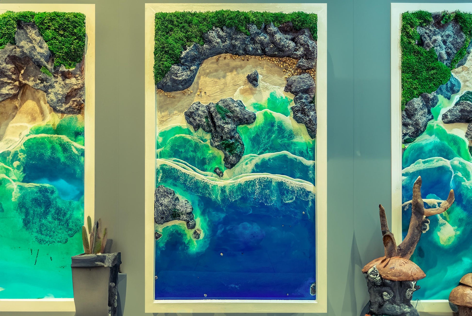 Seaside wall picture, seascape wall decor, Resin wall art, Realistic ocean wave, Nautical artwork, Moss wall art, Moss and Wood, maximalist decor, Living Room decore, Kynance Cove picture, Coastal home decor, Beach themed decor, beach art, Resin triptych wall art, handmade ocean decor UK, aerial view beach art, coastal home accents, ocean wave triptych, beach house decor, resin wall art set, 3-piece resin art, handmade wall art UK, ocean-inspired gifts.