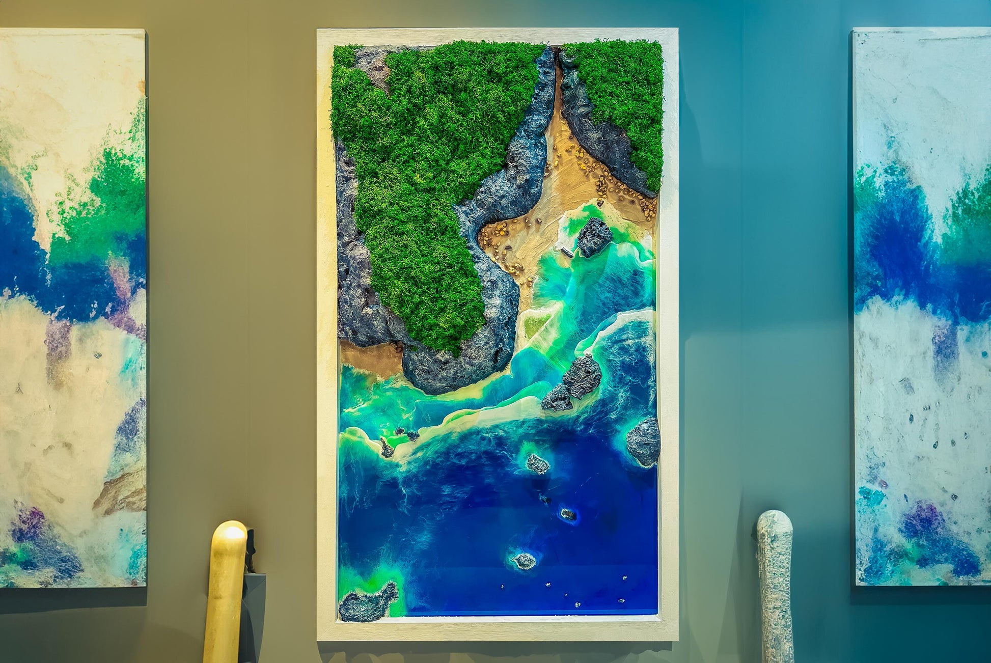 Seaside wall picture, seascape wall decor, Resin wall art, Realistic ocean wave, Nautical artwork, Moss wall art, Moss and Wood, maximalist decor, Living Room decore, Kynance Cove picture, Coastal home decor, Beach themed decor, beach art, Resin triptych wall art, handmade ocean decor UK, aerial view beach art, coastal home accents, ocean wave triptych, beach house decor, resin wall art set, 3-piece resin art, handmade wall art UK, ocean-inspired gifts.