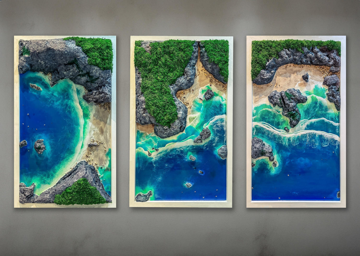 Handmade 3-Piece Ocean Resin Wall Art – Aerial View Coastal Escape Triptych | Kynance Cove mossartbyrishstudio