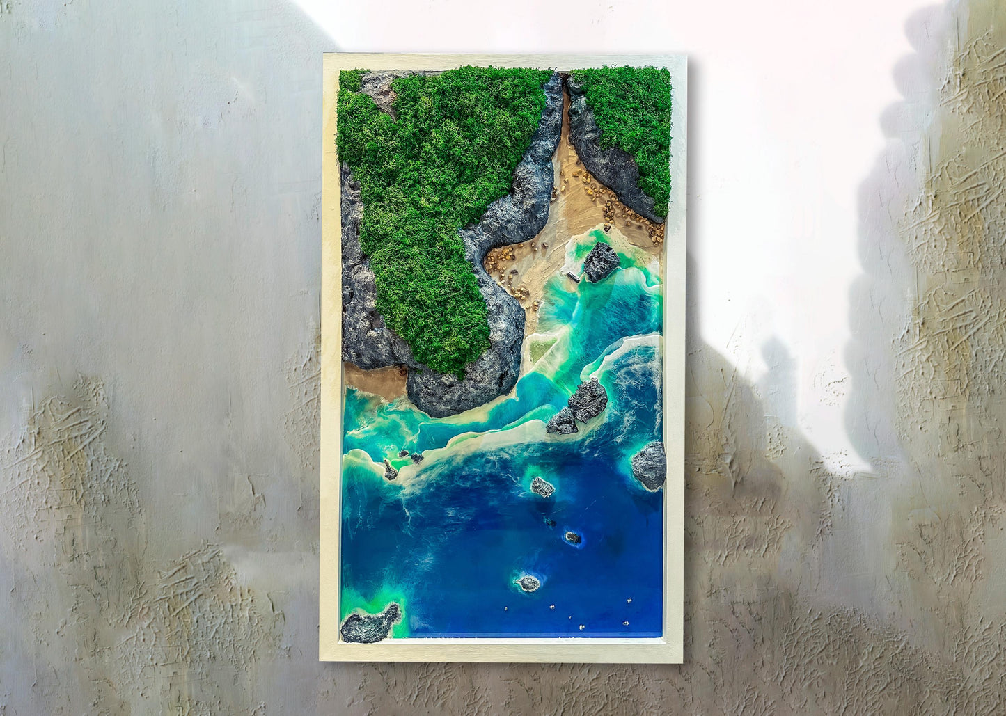 Seaside wall picture, seascape wall decor, Resin wall art, Realistic ocean wave, Nautical artwork, Moss wall art, Moss and Wood, maximalist decor, Living Room decore, Kynance Cove picture, Coastal home decor, Beach themed decor, beach art, Resin triptych wall art, handmade ocean decor UK, aerial view beach art, coastal home accents, ocean wave triptych, beach house decor, resin wall art set, 3-piece resin art, handmade wall art UK, ocean-inspired gifts.