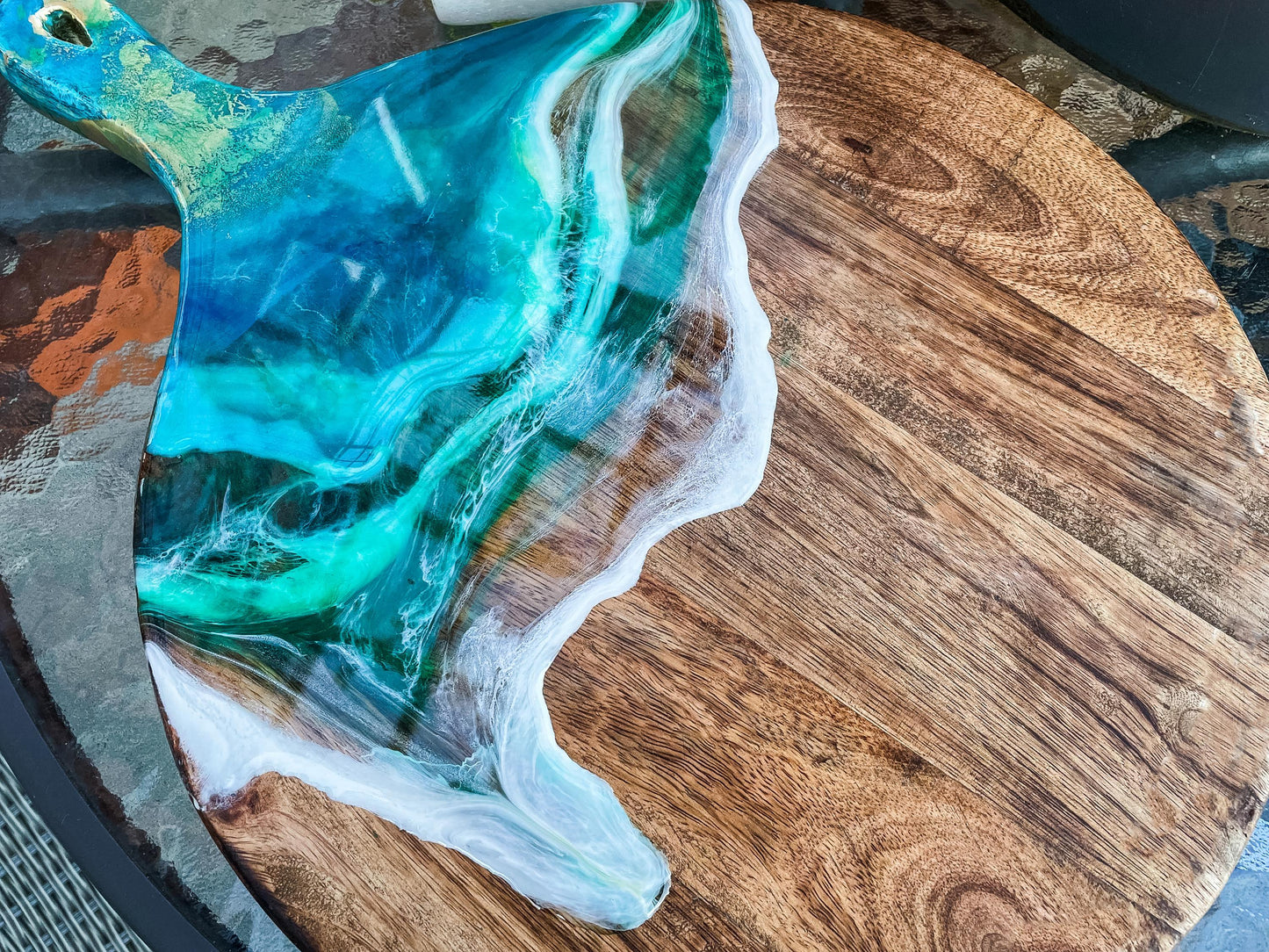 Resin Ocean Wave Charcuterie Board: Personalized Oak Wood Cutting Board mossartbyrishstudio