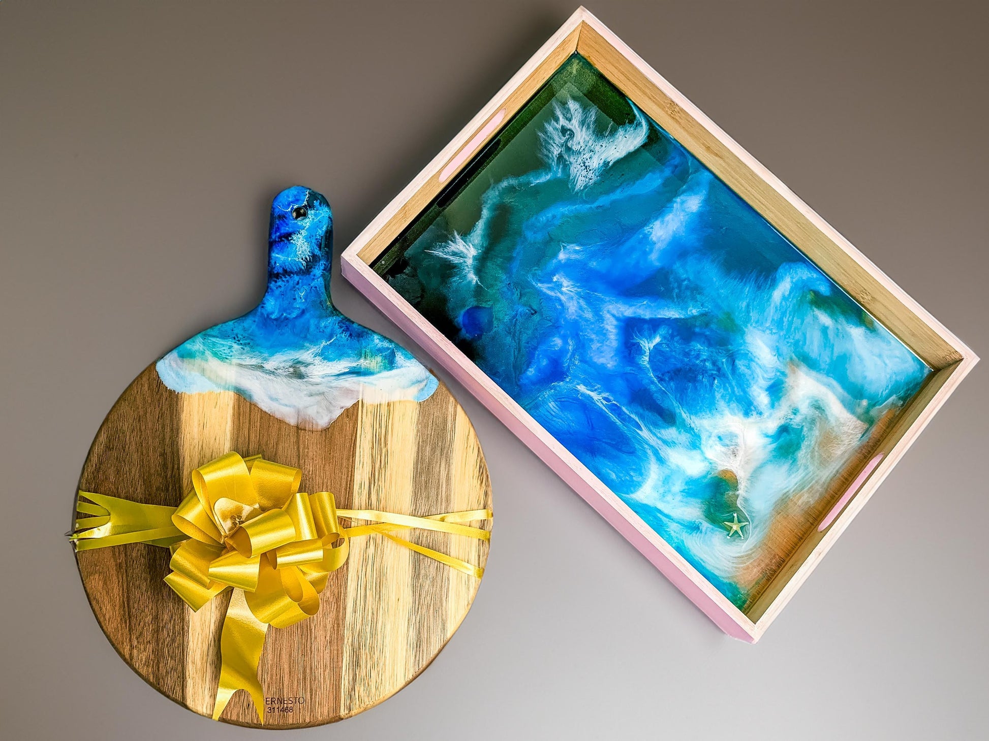 Resin Ocean Wave Charcuterie Board: Personalized Oak Wood Cutting Board mossartbyrishstudio