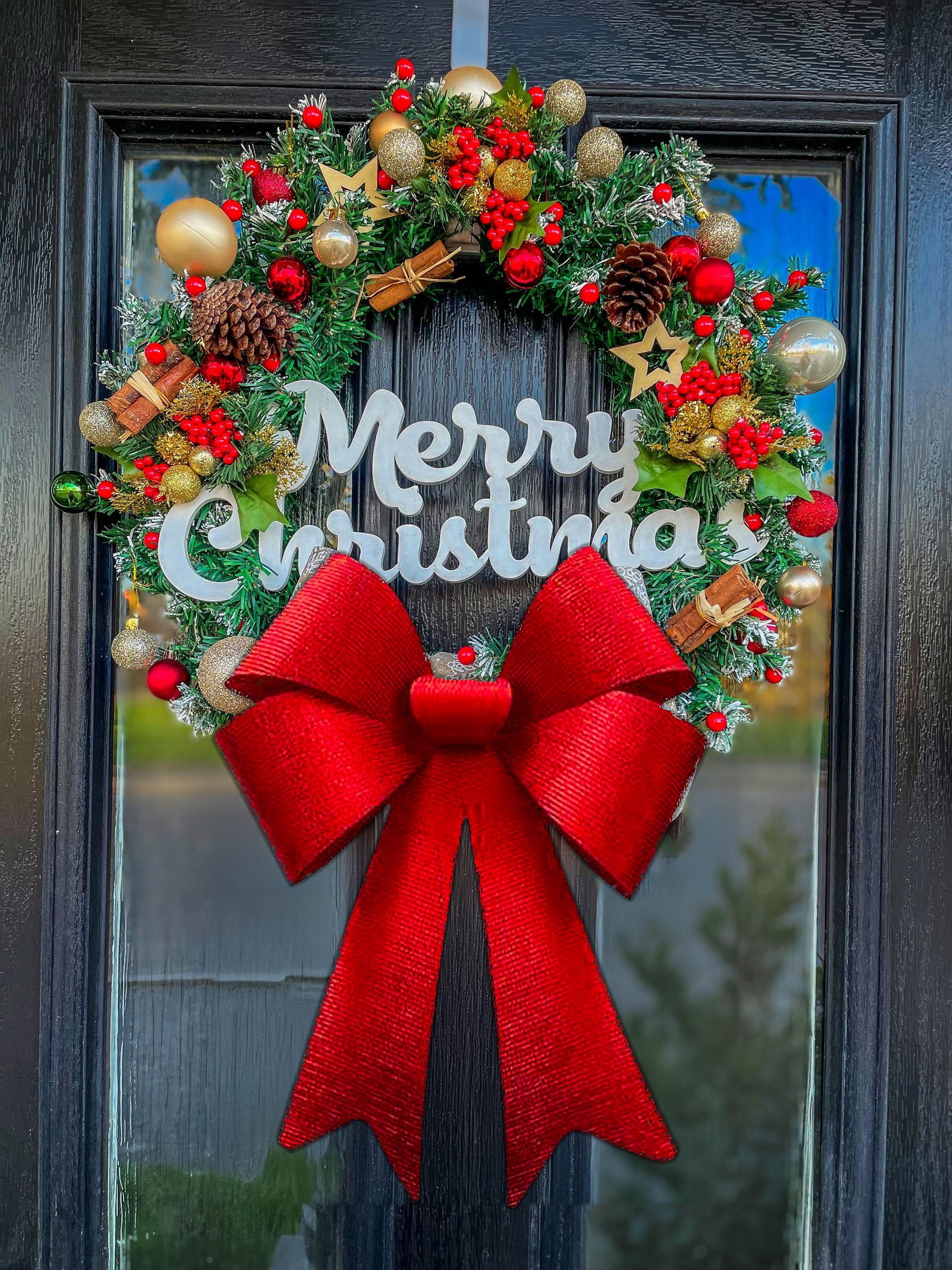 Christmas Artificial Wreath With Traditional Scent 20 inch, Snowy Christmas wreath front door, pinecones, Gold Silver Baubles Decorative Bow mossartbyrishstudio