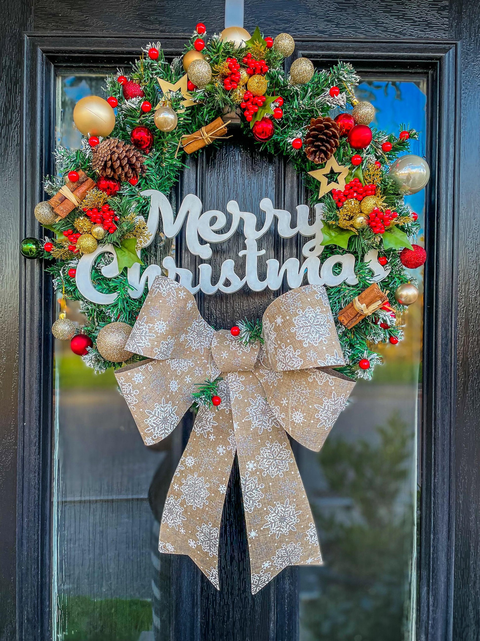 Christmas Artificial Wreath With Traditional Scent 20 inch, Snowy Christmas wreath front door, pinecones, Gold Silver Baubles Decorative Bow mossartbyrishstudio