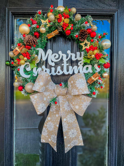 Christmas Artificial Wreath With Traditional Scent 20 inch, Snowy Christmas wreath front door, pinecones, Gold Silver Baubles Decorative Bow mossartbyrishstudio