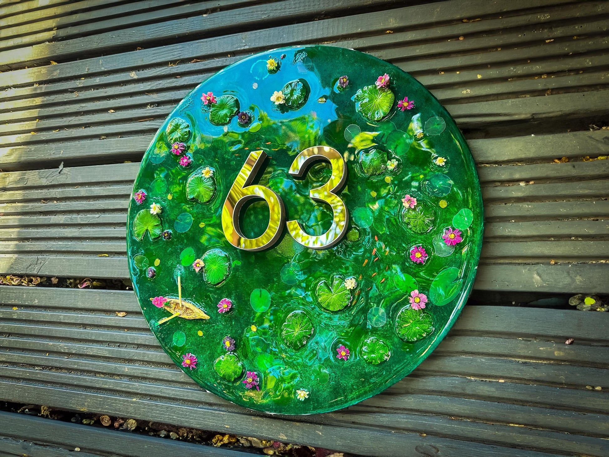 House Wall Plaques UK | House Number Sign Gloss Finishes | Koi Pond Acrylic Sign mossartbyrishstudio