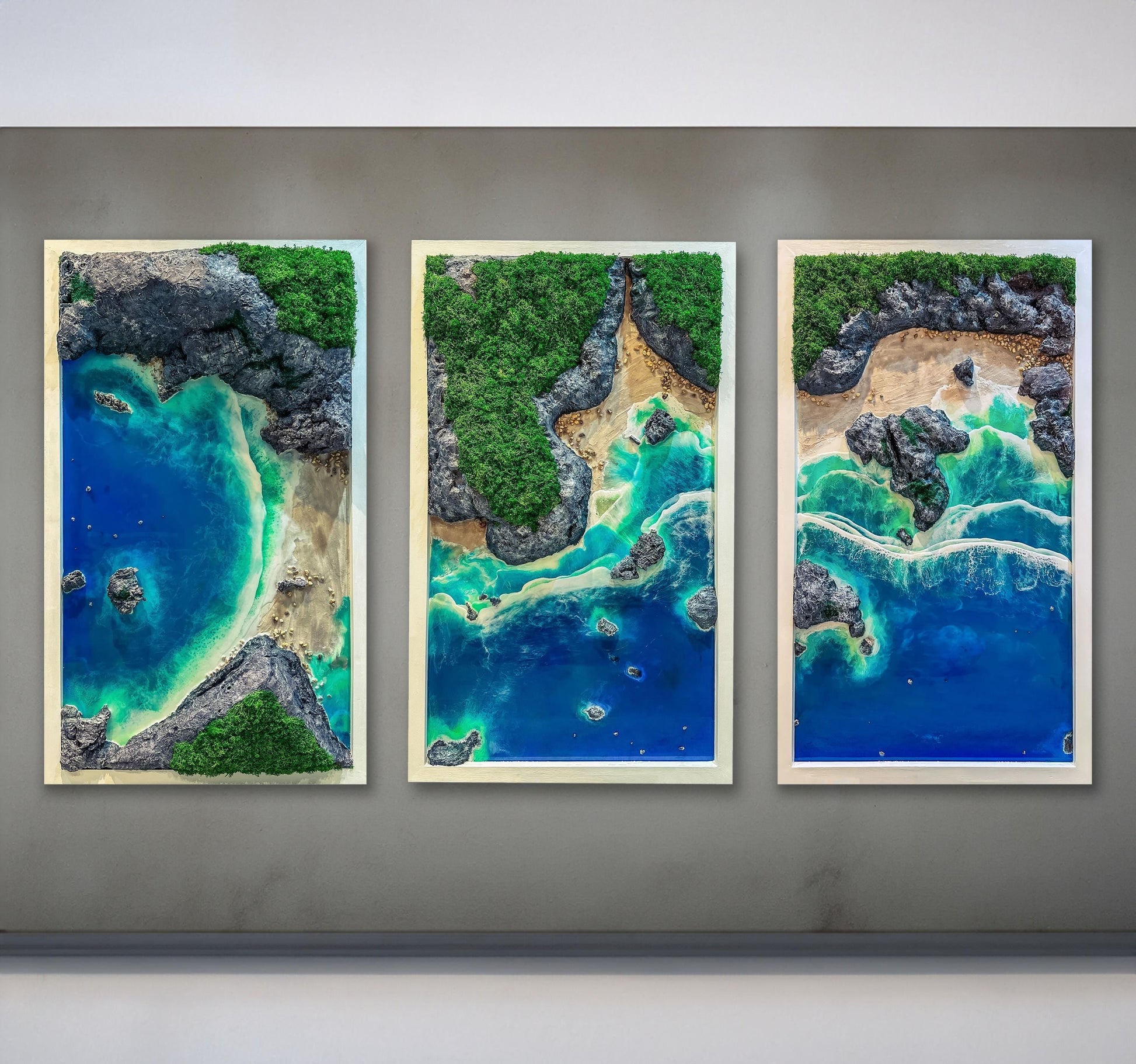 Handmade 3-Piece Ocean Resin Wall Art – Aerial View Coastal Escape Triptych | Kynance Cove mossartbyrishstudio