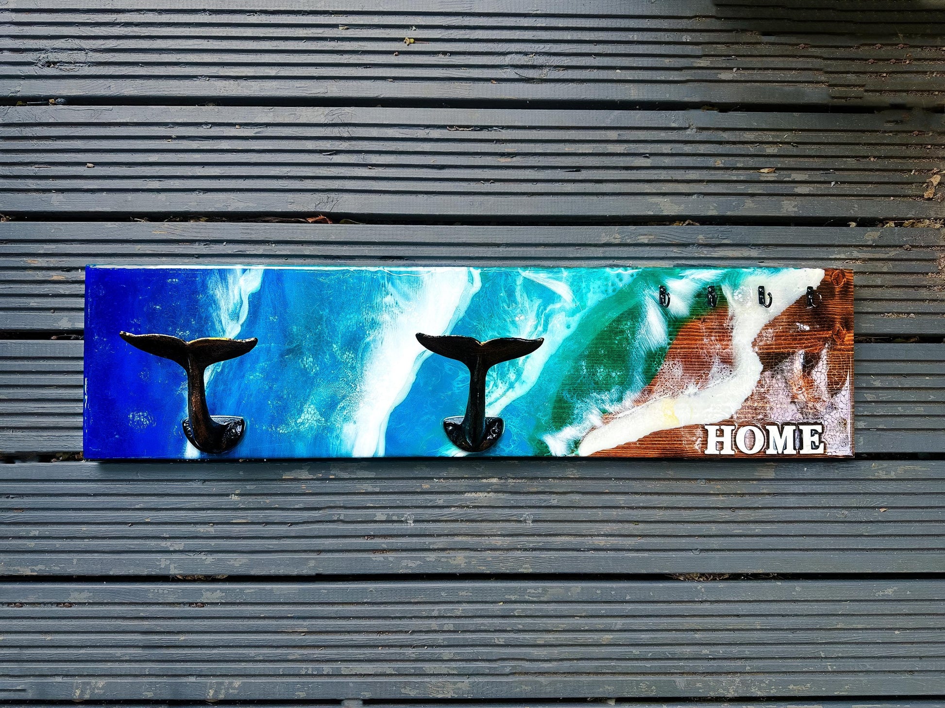 Resin wall organizer, whale tail hooks, ocean wave decor, handmade UK, nautical key rack, coastal wall art, key holder decor, resin art wall hooks, wooden organizer UK, beach-inspired gifts.