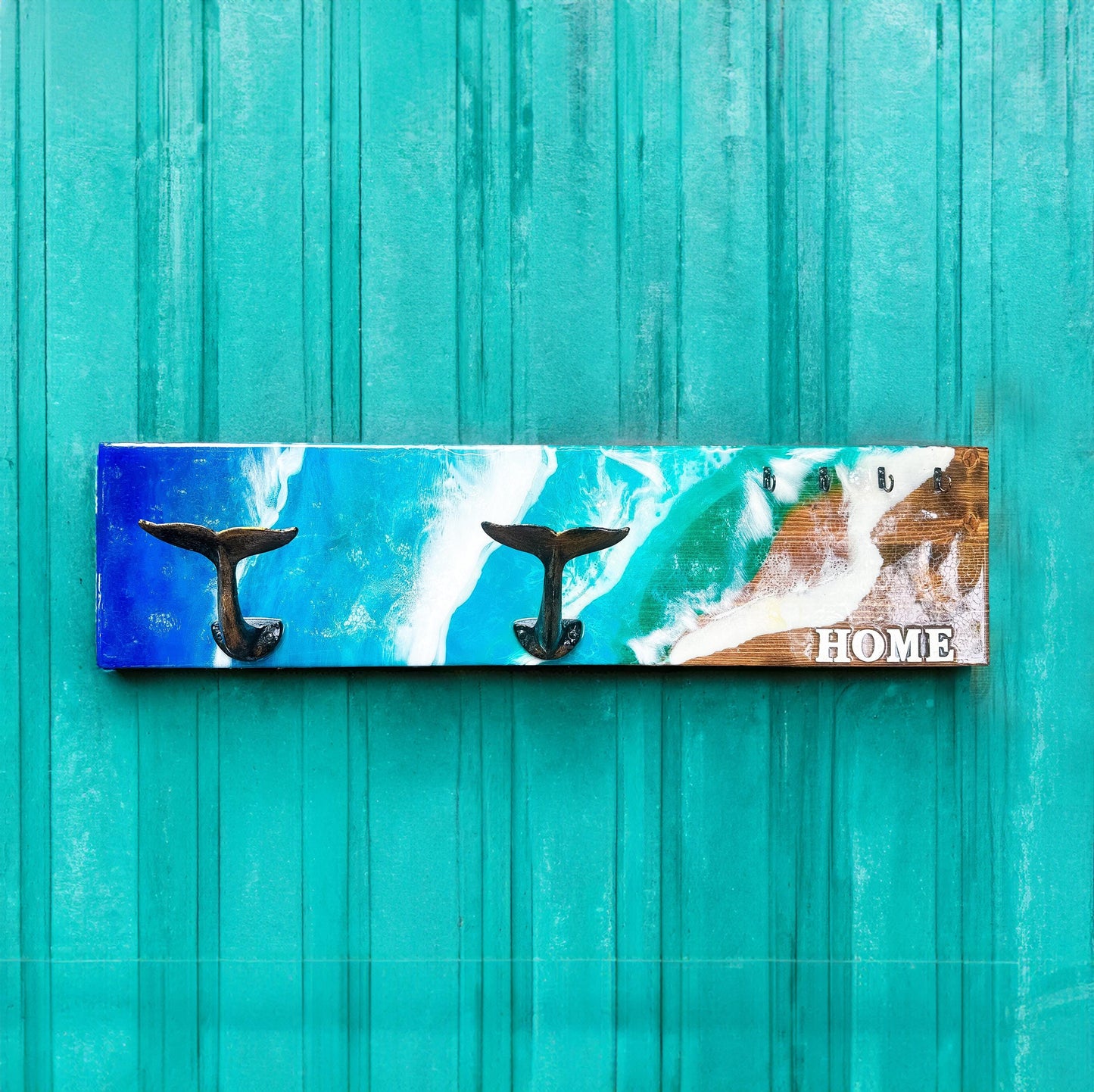 Resin wall organizer, whale tail hooks, ocean wave decor, handmade UK, nautical key rack, coastal wall art, key holder decor, resin art wall hooks, wooden organizer UK, beach-inspired gifts.