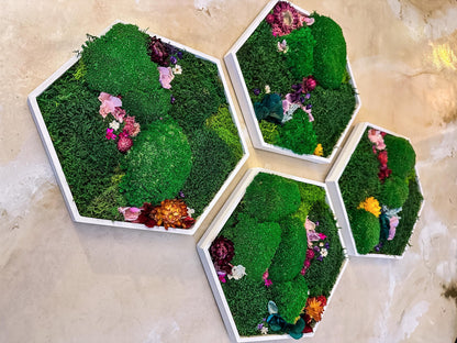 Hexagonal Moss Wall Art Set, Handmade Floral Moss Decor, Preserved Greenery Wall Panels for Home Office, Moss wall with flowers,Wood Hexagon mossartbyrishstudio