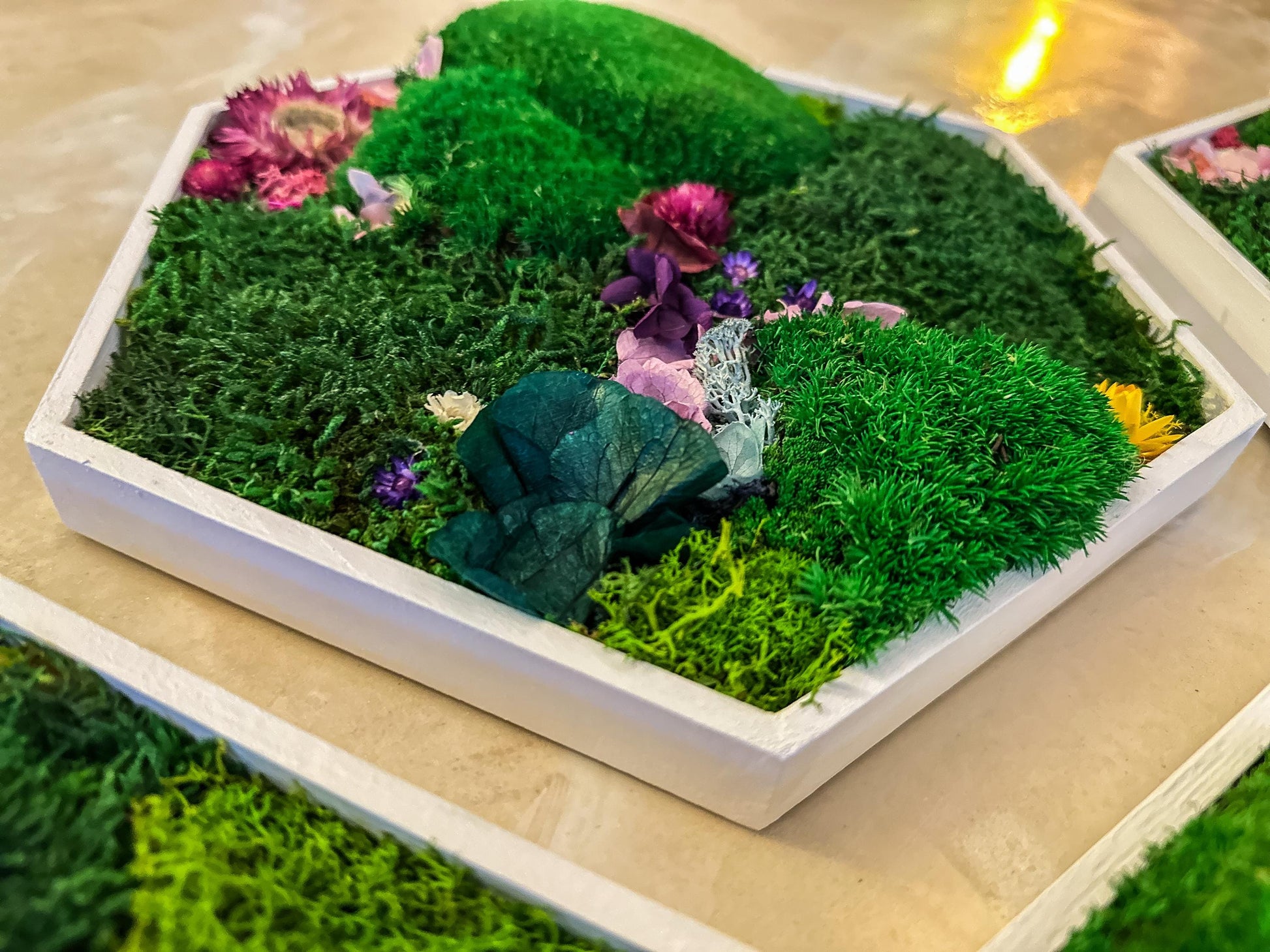 Hexagonal Moss Wall Art Set – Handmade Moss Decor with flowers & Preserved Greenery Panels for Home & Office mossartbyrishstudio