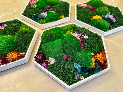 Hexagonal Moss Wall Art Set, Handmade Floral Moss Decor, Preserved Greenery Wall Panels for Home Office, Moss wall with flowers,Wood Hexagon mossartbyrishstudio