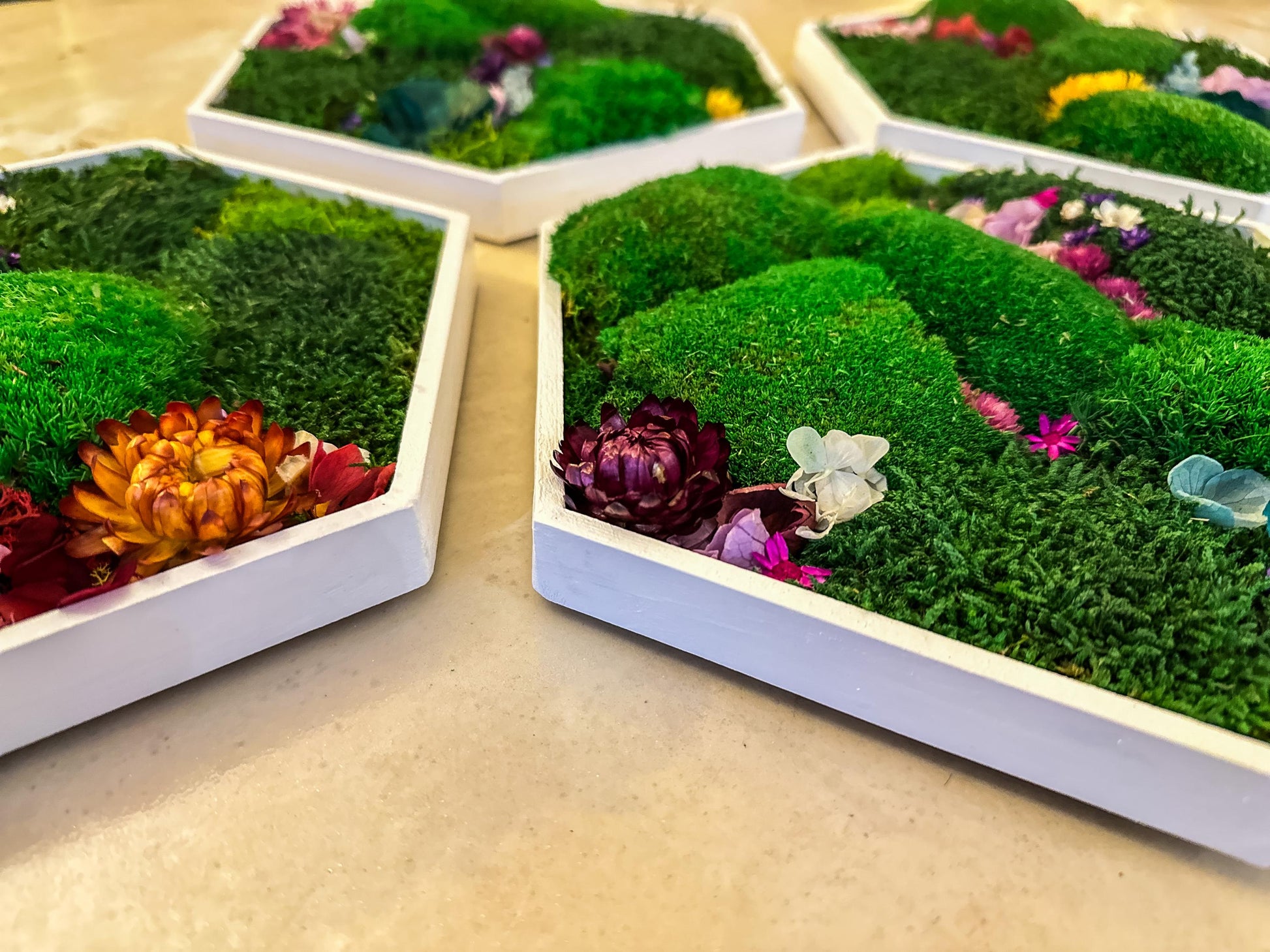 Hexagonal Moss Wall Art Set – Handmade Moss Decor with flowers & Preserved Greenery Panels for Home & Office mossartbyrishstudio