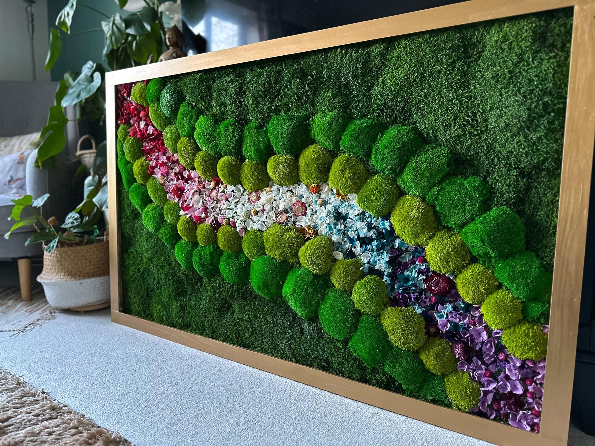 Preserved Moss Wall Art with LED Lights and Flowers: Wood Frame Colourful Natural Moss Painting, mossartbyrishstudio