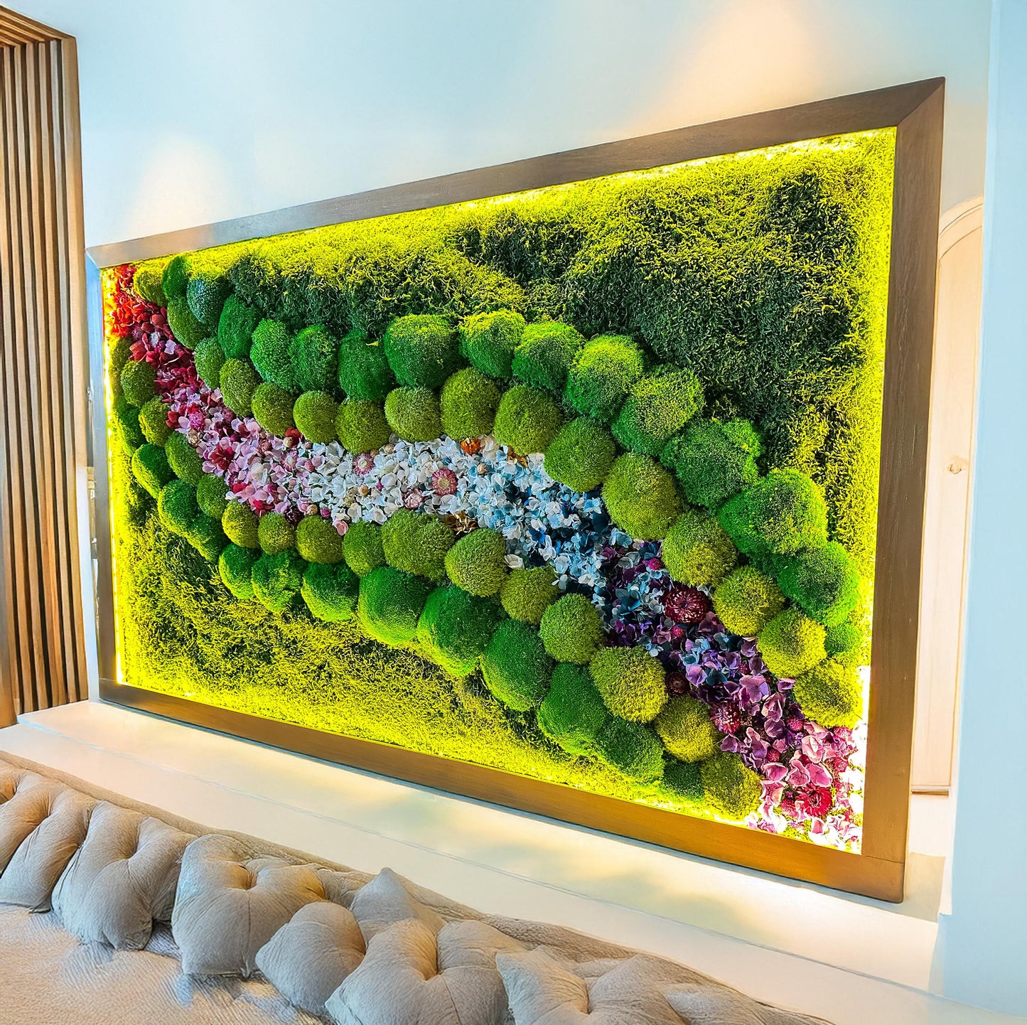 Preserved Moss Wall Art with LED Lights and Flowers: Wood Frame Colourful Natural Moss Painting, mossartbyrishstudio