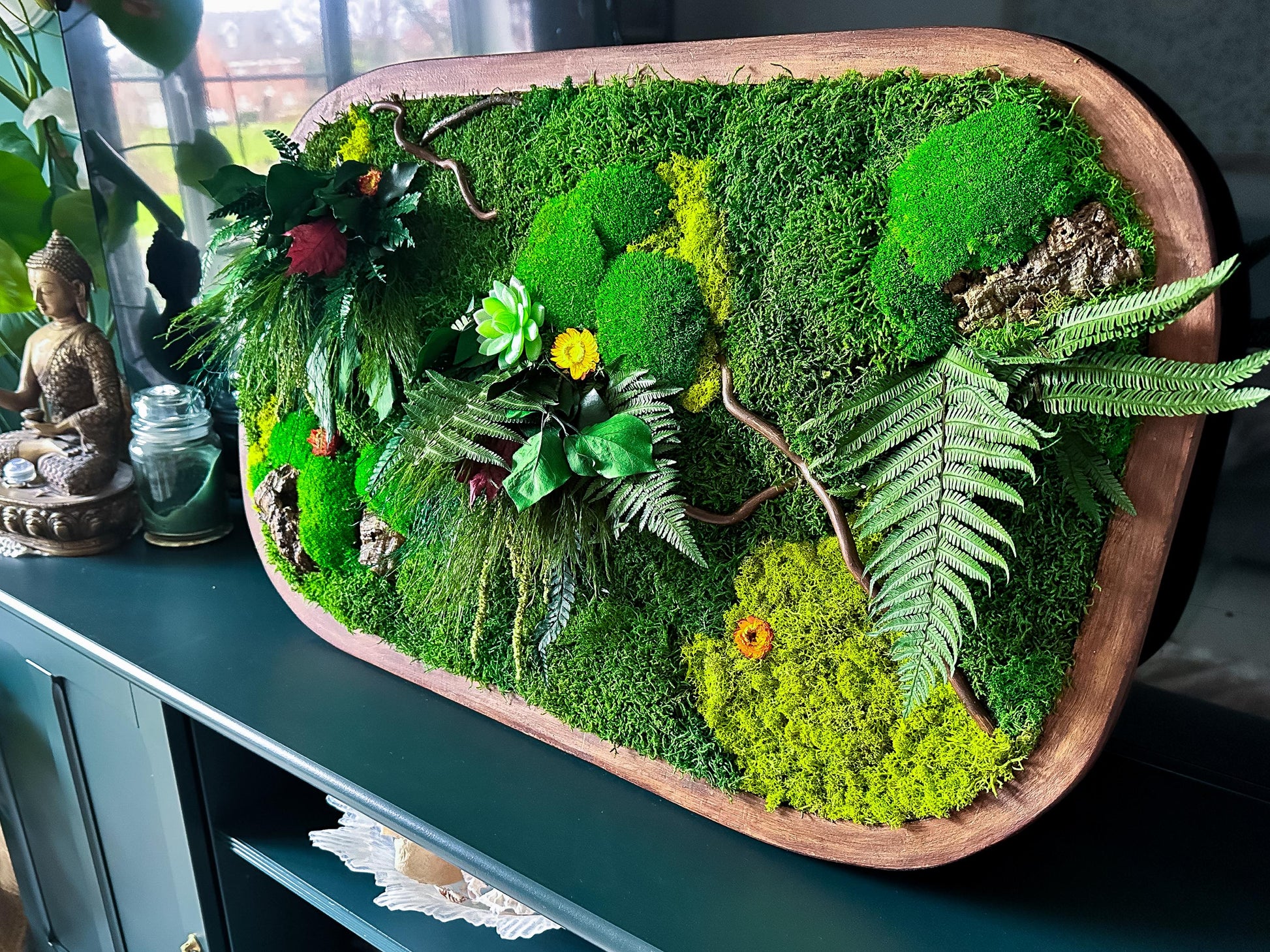 Oval Framed Preserved Moss Wall Art: Botanical Decor Walnut Irregular Frame, Natural Moss Painting mossartbyrishstudio