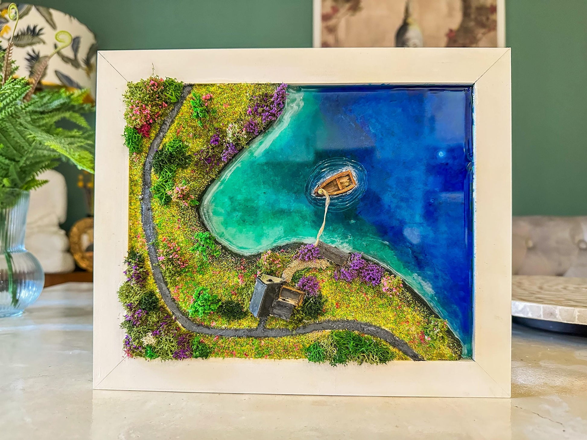 Moss Wall Art: Resin Ocean Island Diorama with Miniature House & Boat mossartbyrishstudio