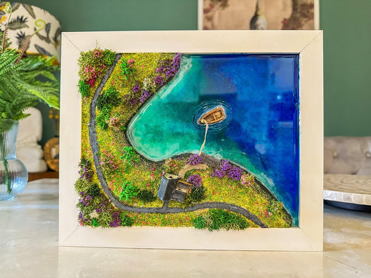 Moss Wall Art: Resin Ocean Island Diorama with Miniature House & Boat mossartbyrishstudio