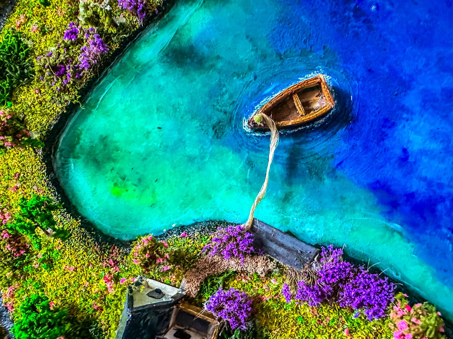 Moss Wall Art: Resin Ocean Island Diorama with Miniature House & Boat mossartbyrishstudio