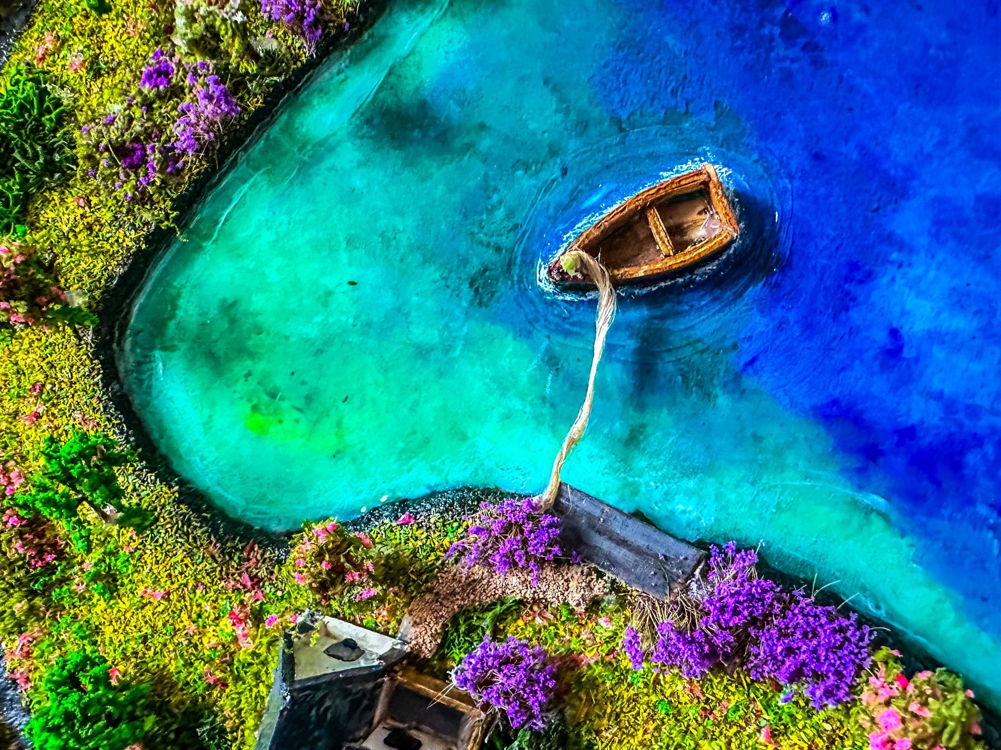 Moss Wall Art: Resin Ocean Island Diorama with Miniature House & Boat mossartbyrishstudio